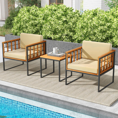*3 Pieces Patio Chair Set Acacia Wood Outdoor Sofa Set with Soft Cushions - Beige