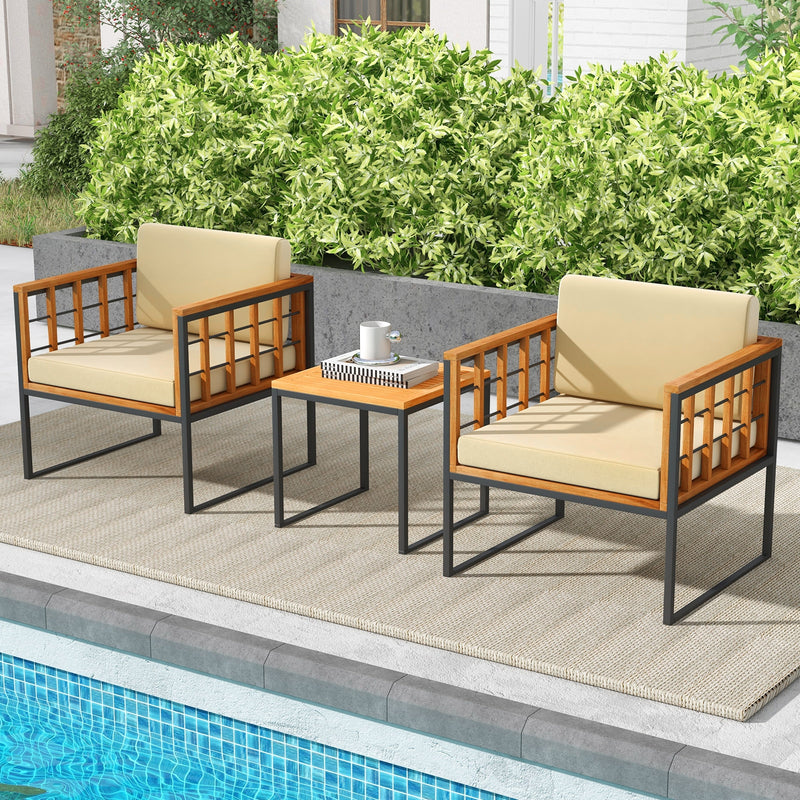 *3 Pieces Patio Chair Set Acacia Wood Outdoor Sofa Set with Soft Cushions - Beige