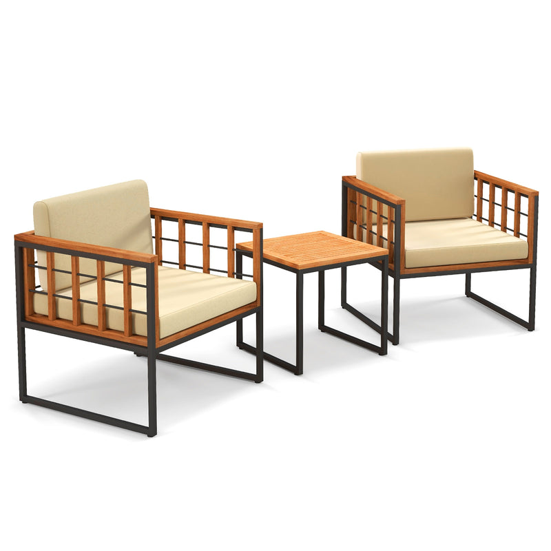 *3 Pieces Patio Chair Set Acacia Wood Outdoor Sofa Set with Soft Cushions - Beige