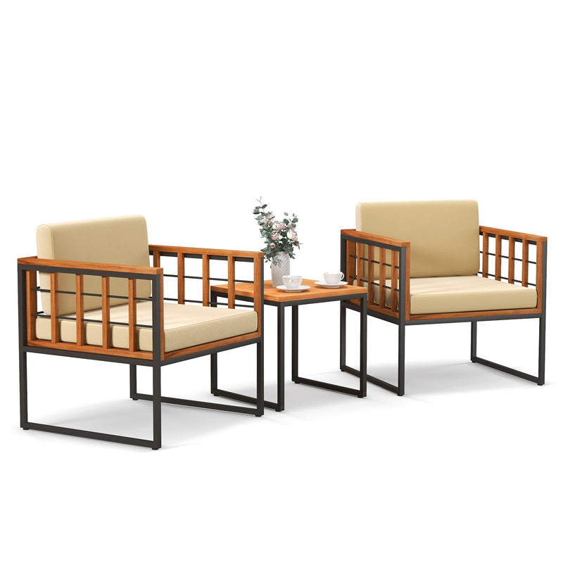*3 Pieces Patio Chair Set Acacia Wood Outdoor Sofa Set with Soft Cushions - Beige