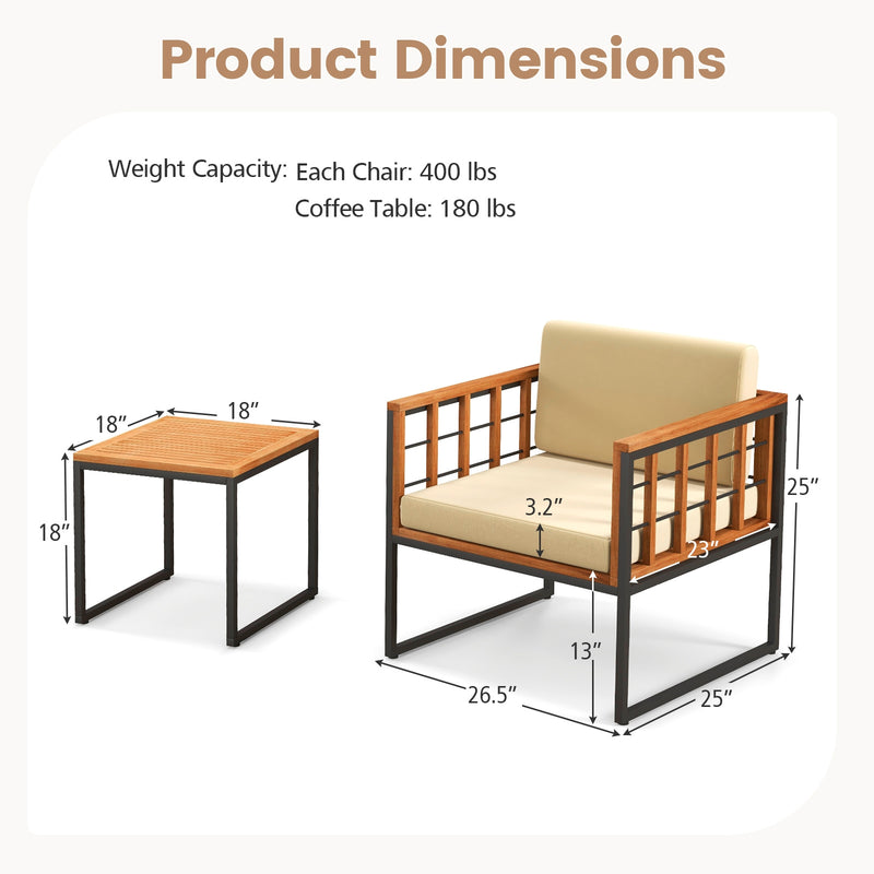 *3 Pieces Patio Chair Set Acacia Wood Outdoor Sofa Set with Soft Cushions - Beige