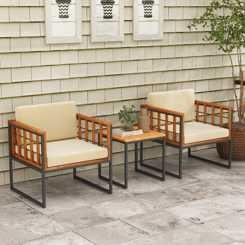 *3 Pieces Patio Chair Set Acacia Wood Outdoor Sofa Set with Soft Cushions - Beige