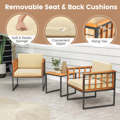 *3 Pieces Patio Chair Set Acacia Wood Outdoor Sofa Set with Soft Cushions - Beige