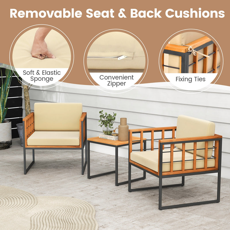 *3 Pieces Patio Chair Set Acacia Wood Outdoor Sofa Set with Soft Cushions - Beige