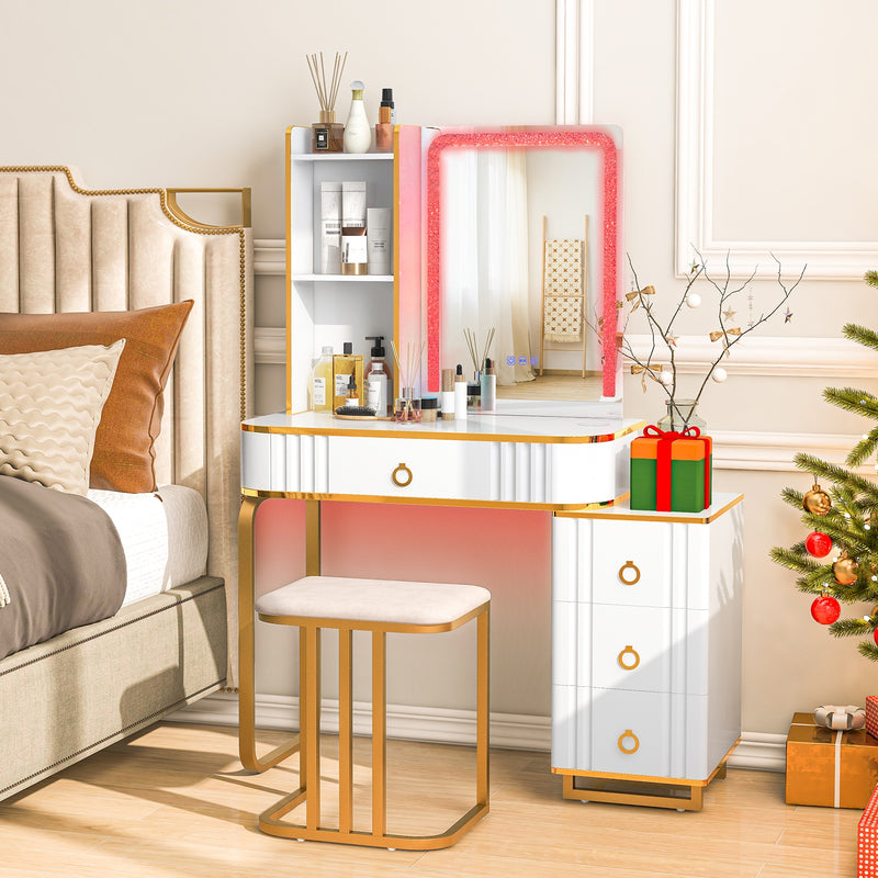 Vanity Table Set with RGB LED Lights and Wireless Charging Station-White