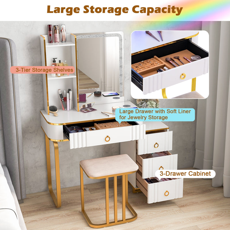 Vanity Table Set with RGB LED Lights and Wireless Charging Station-White