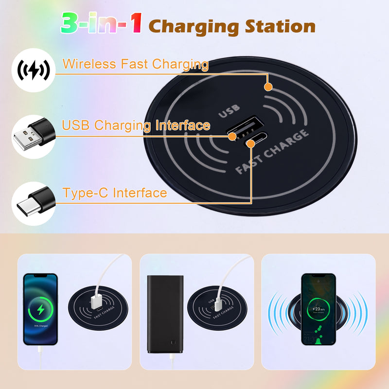 Vanity Table Set with RGB LED Lights and Wireless Charging Station-White