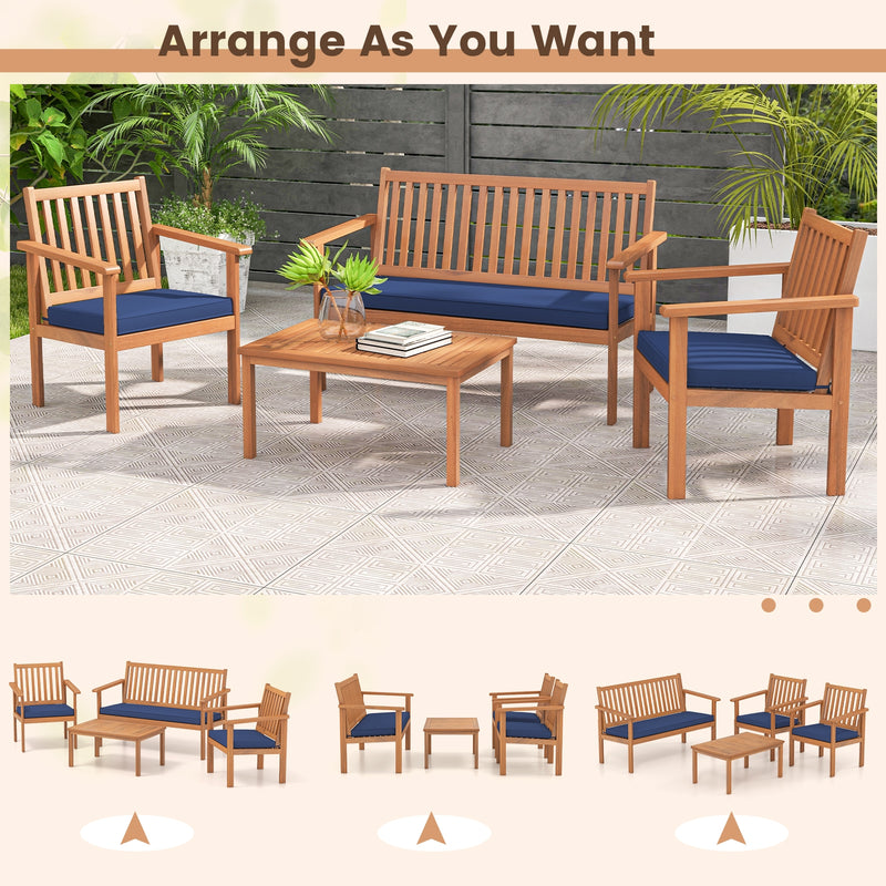 4 Piece Patio Wood Furniture Set Acacia Wood Sofa Set with Loveseat-Navy