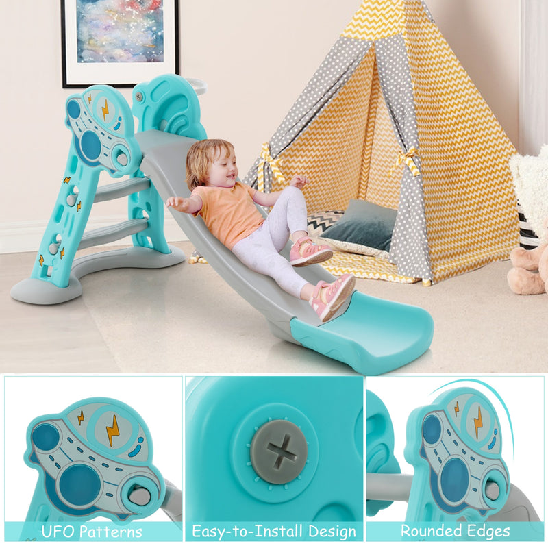3-in-1 Folding Slide Playset with Basketball Hoop and Small Basketball-Blue