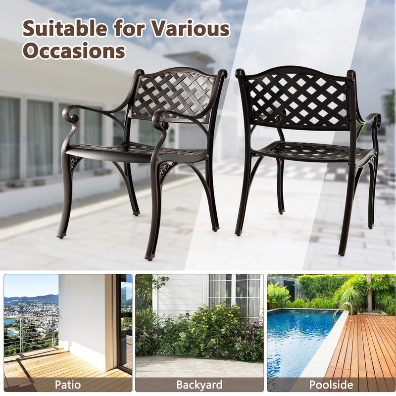 Cast Aluminum Dining Chairs Set of 2 with Patio Chairs Armrests Flower Pattern-Bronze