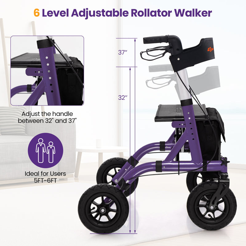 Height Adjustable Rollator Walker Foldable Rolling Walker with Seat for Seniors-Purple