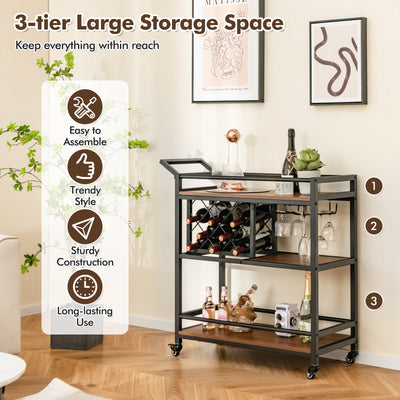 3-tier Bar Cart on Wheels Home Kitchen Serving Cart with Wine Rack and Glasses Holder-Brown