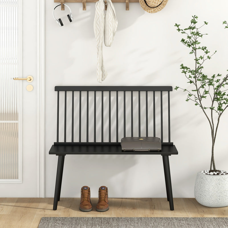 Dining Windsor Bench with Spindle Back and Anti-Slip Foot Pads-Black
