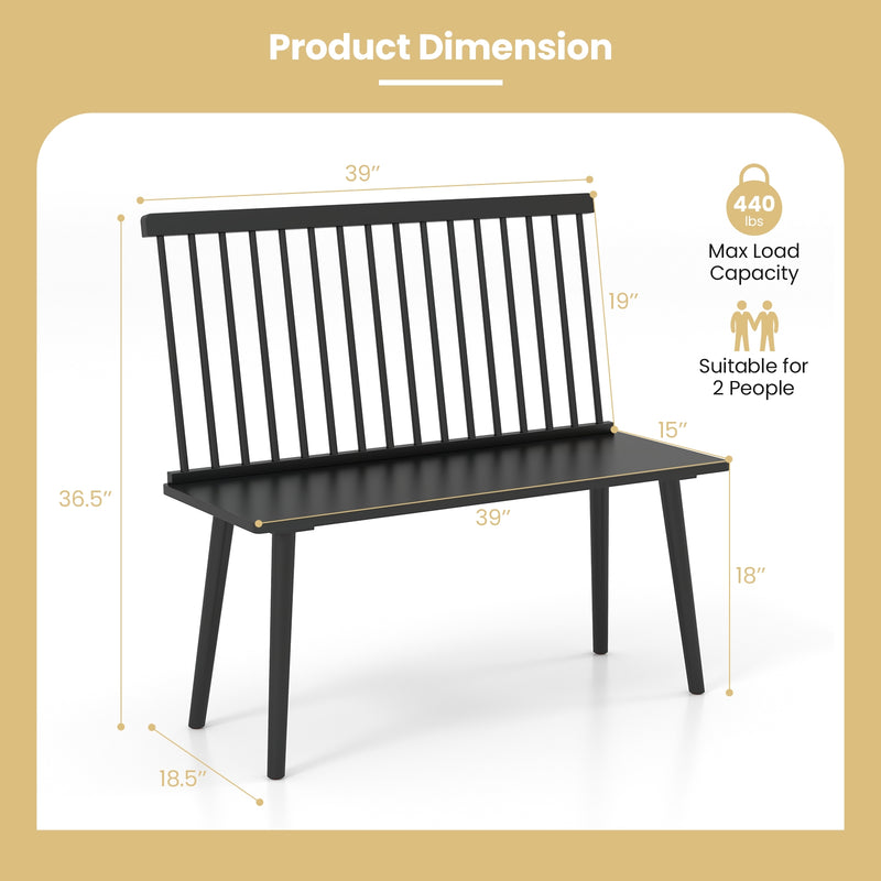 Dining Windsor Bench with Spindle Back and Anti-Slip Foot Pads-Black