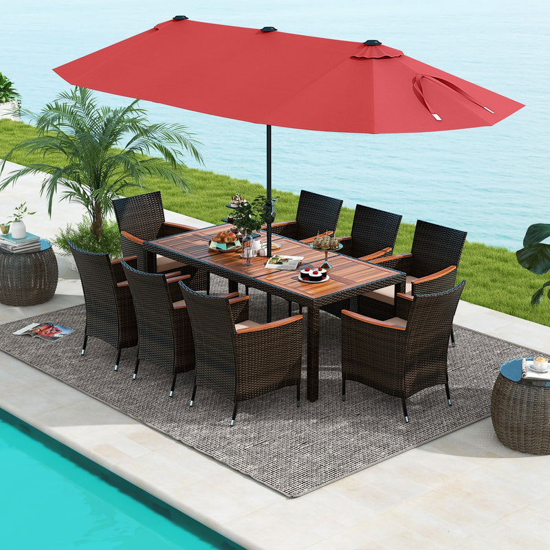 *9 Piece Outdoor Dining Set with 15 Feet Double-Sided Twin Patio Umbrella - Red