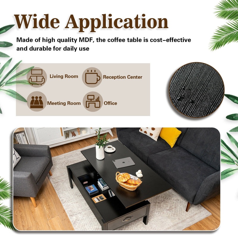 47 Inch Lift Top Coffee Table with Hidden Compartment and Drawers-Black