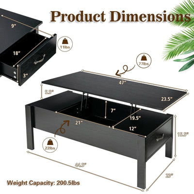 47 Inch Lift Top Coffee Table with Hidden Compartment and Drawers-Black