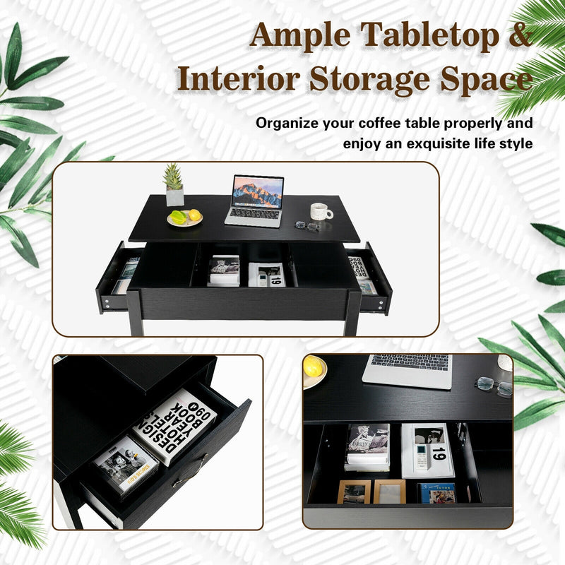 47 Inch Lift Top Coffee Table with Hidden Compartment and Drawers-Black