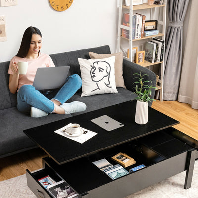 47 Inch Lift Top Coffee Table with Hidden Compartment and Drawers-Black