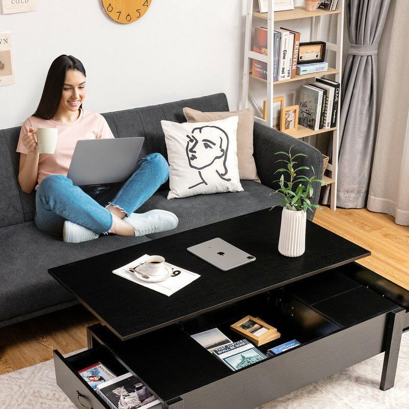 47 Inch Lift Top Coffee Table with Hidden Compartment and Drawers-Black