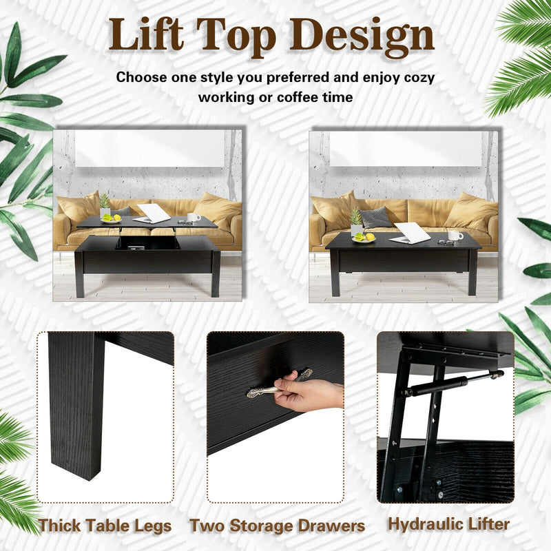 47 Inch Lift Top Coffee Table with Hidden Compartment and Drawers-Black