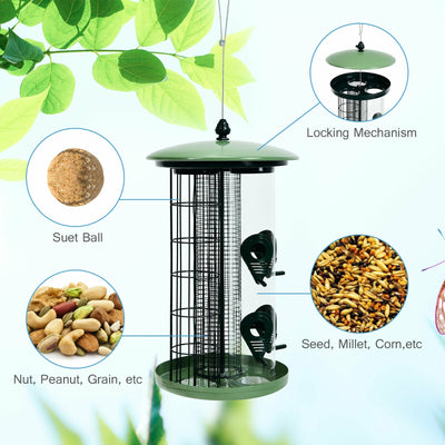 3-in-1 Metal Hanging Wild Bird Feeder with 4 Feeding Ports and Perches