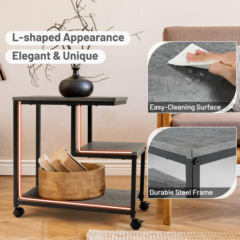 3-Tier Side Table with Storage and Universal Casters for Living Room and Bedroom-Black