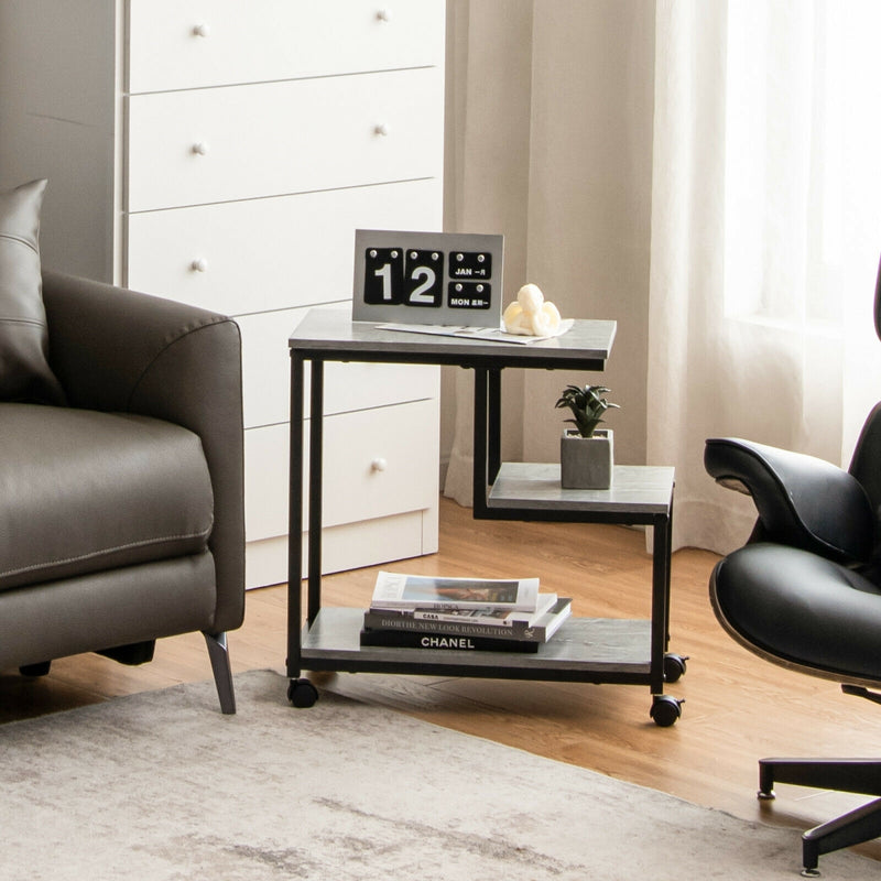 3-Tier Side Table with Storage and Universal Casters for Living Room and Bedroom-Black