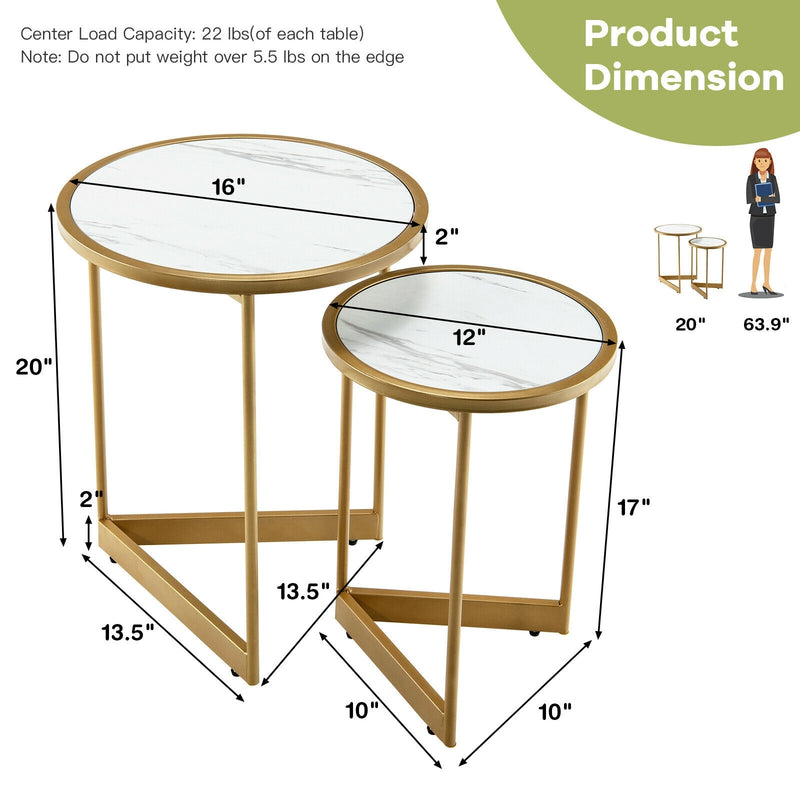 Round Nesting Table Set of 2 with Marble-like Tabletop-White
