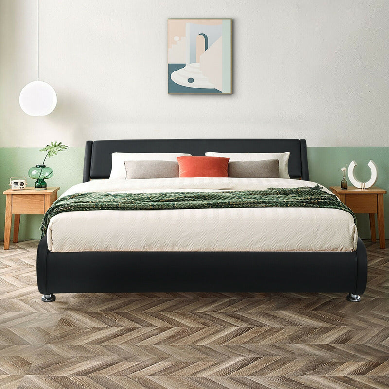 Queen Faux Leather Upholstered Platform Bed Frame Adjustable Headboard-Black