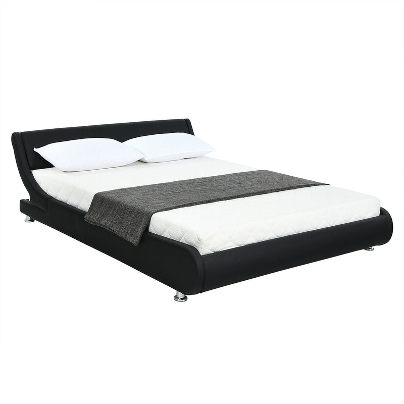 Queen Faux Leather Upholstered Platform Bed Frame Adjustable Headboard-Black