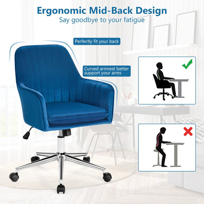 Velvet Accent Office Armchair with Adjustable Swivel and Removable Cushion-Blue