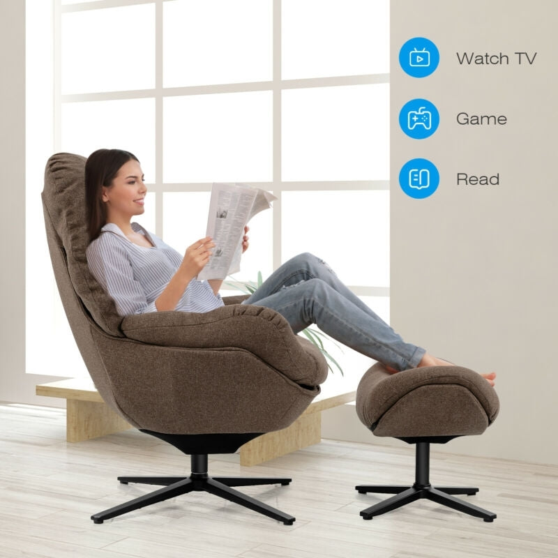 Upholstered Swivel Lounge Chair with Ottoman and Rocking Footstool-Brown