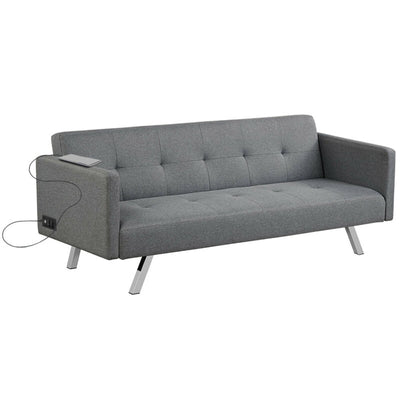 3 Seat Convertible Linen Fabric Futon Sofa with USB and Power Strip-Gray