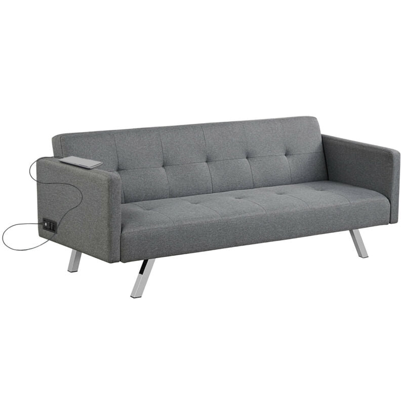 3 Seat Convertible Linen Fabric Futon Sofa with USB and Power Strip-Gray