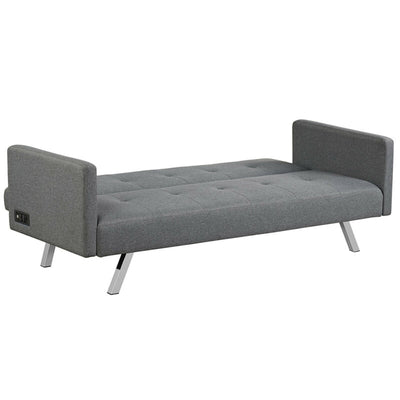 3 Seat Convertible Linen Fabric Futon Sofa with USB and Power Strip-Gray
