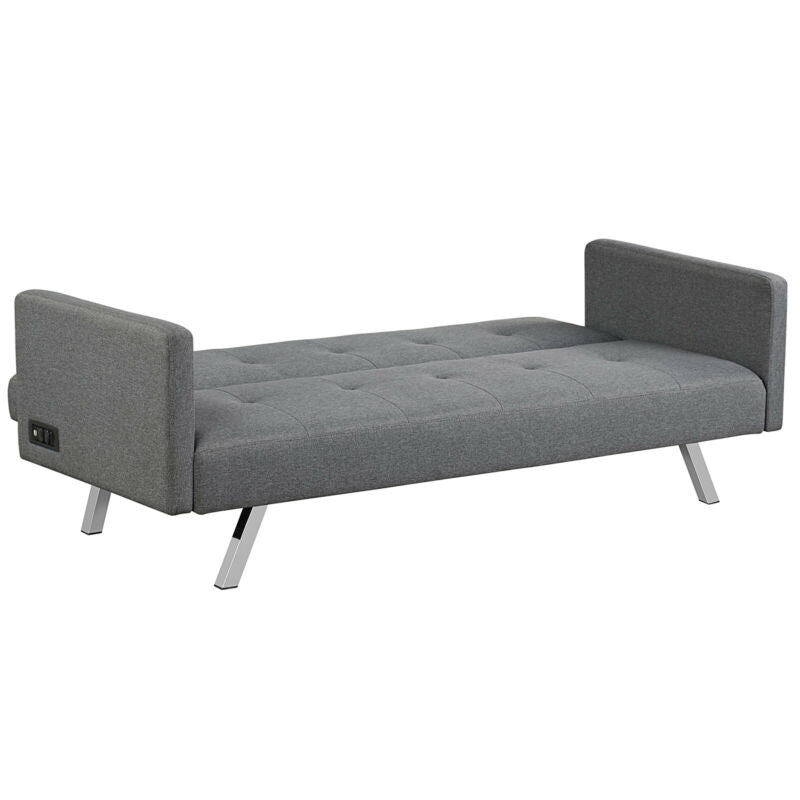3 Seat Convertible Linen Fabric Futon Sofa with USB and Power Strip-Gray