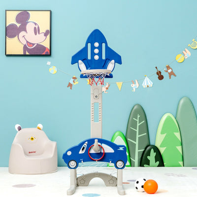 3-in-1 Basketball Hoop for Kids Adjustable Height Playset with Balls-Blue