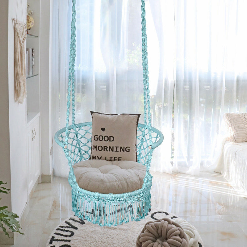 Hanging Hammock Chair Macrame Swing Hand Woven Cotton Backrest-Turquoise