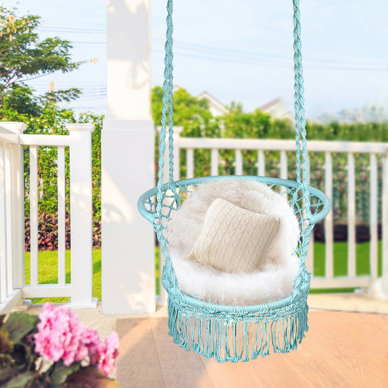 Hanging Hammock Chair Macrame Swing Hand Woven Cotton Backrest-Turquoise