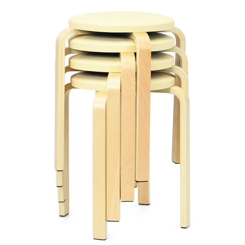 Set of 4 Bentwood Round Stool Stackable Dining Chairs with Padded Seat-Beige