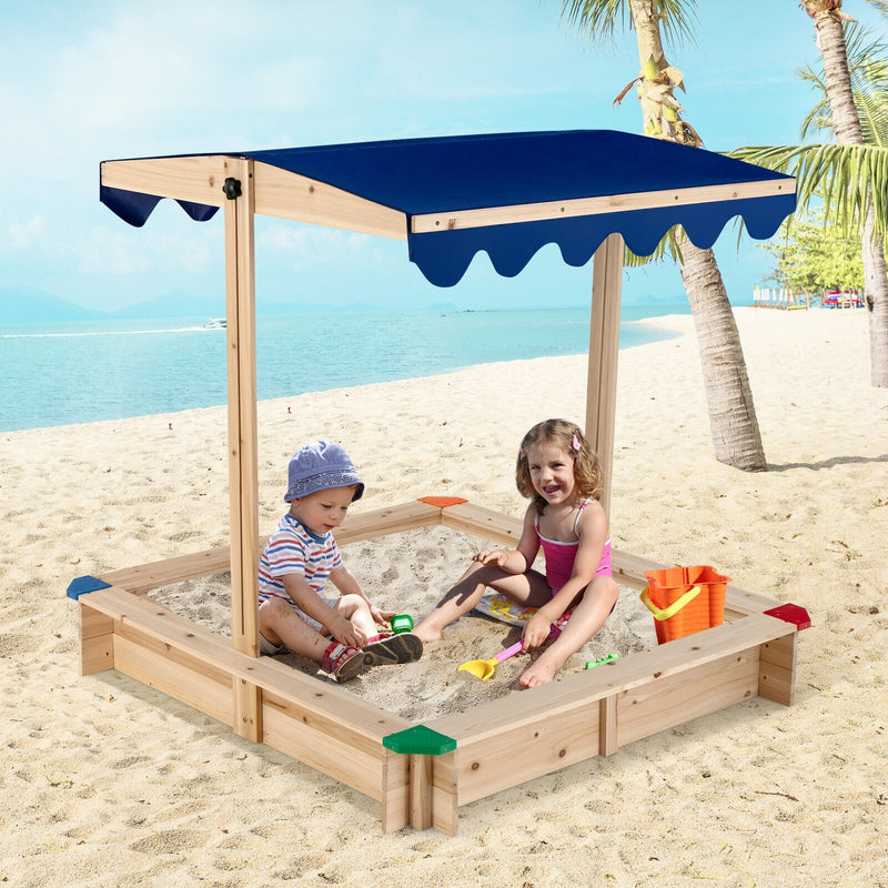 *Kids Wooden Sandbox with Height Adjustable and Rotatable Canopy Outdoor Playset