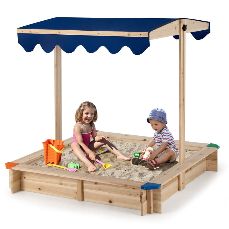 *Kids Wooden Sandbox with Height Adjustable and Rotatable Canopy Outdoor Playset