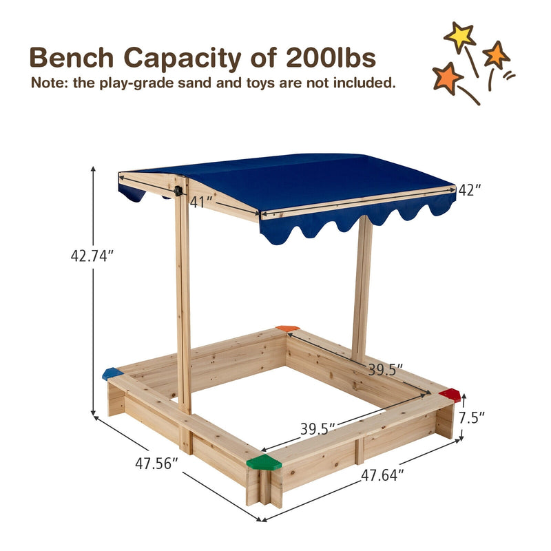 *Kids Wooden Sandbox with Height Adjustable and Rotatable Canopy Outdoor Playset