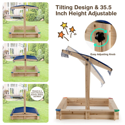 *Kids Wooden Sandbox with Height Adjustable and Rotatable Canopy Outdoor Playset