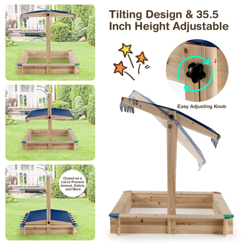 *Kids Wooden Sandbox with Height Adjustable and Rotatable Canopy Outdoor Playset