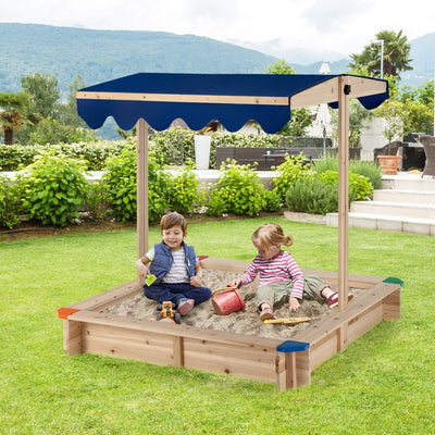 *Kids Wooden Sandbox with Height Adjustable and Rotatable Canopy Outdoor Playset
