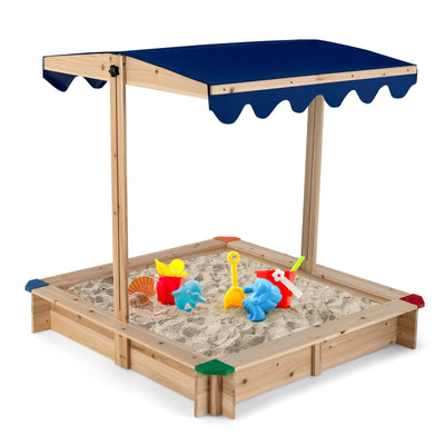 *Kids Wooden Sandbox with Height Adjustable and Rotatable Canopy Outdoor Playset