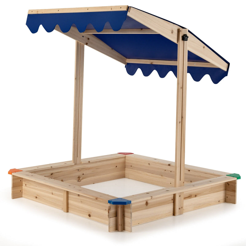*Kids Wooden Sandbox with Height Adjustable and Rotatable Canopy Outdoor Playset