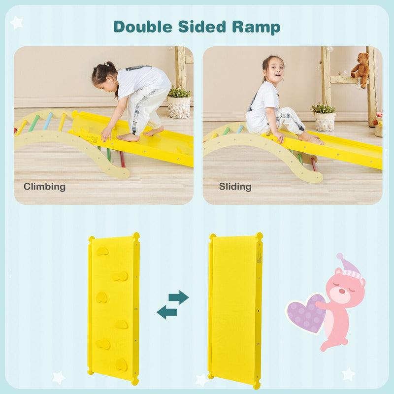 *Wooden Climber Ladder Structure with Rock Climbing Ramp and Padding - Yellow